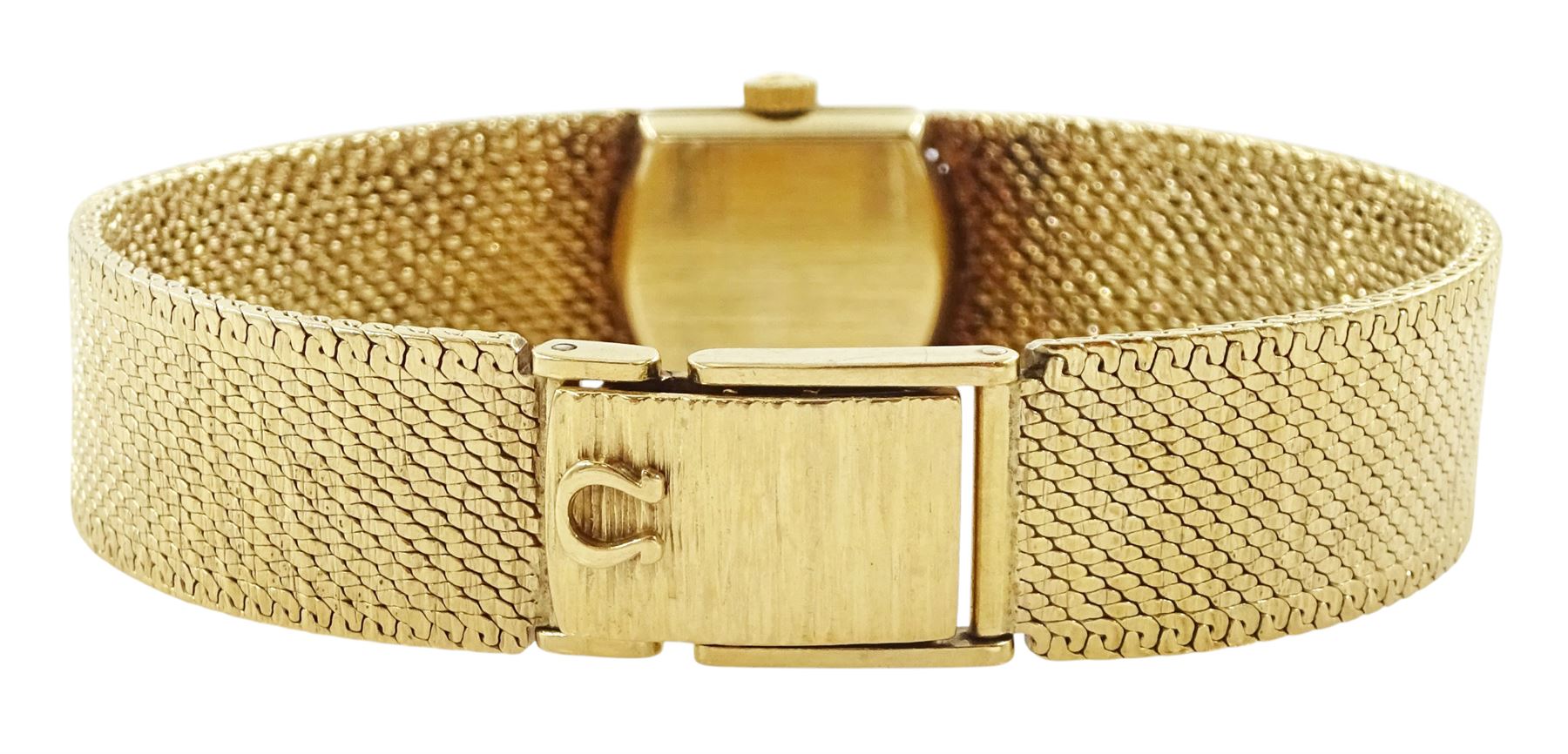 Omega ladies 9ct gold manual wind wristwatch, Cal. 484, silvered dial with baton hour markers, London 1968, on integral 9ct gold bracelet, hallmarked