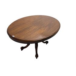 Victorian mahogany oval loo table, moulded edge with banded frieze, raised on baluster turned pedestal with quadrupod base, cabriole supports with scroll feet and castors
