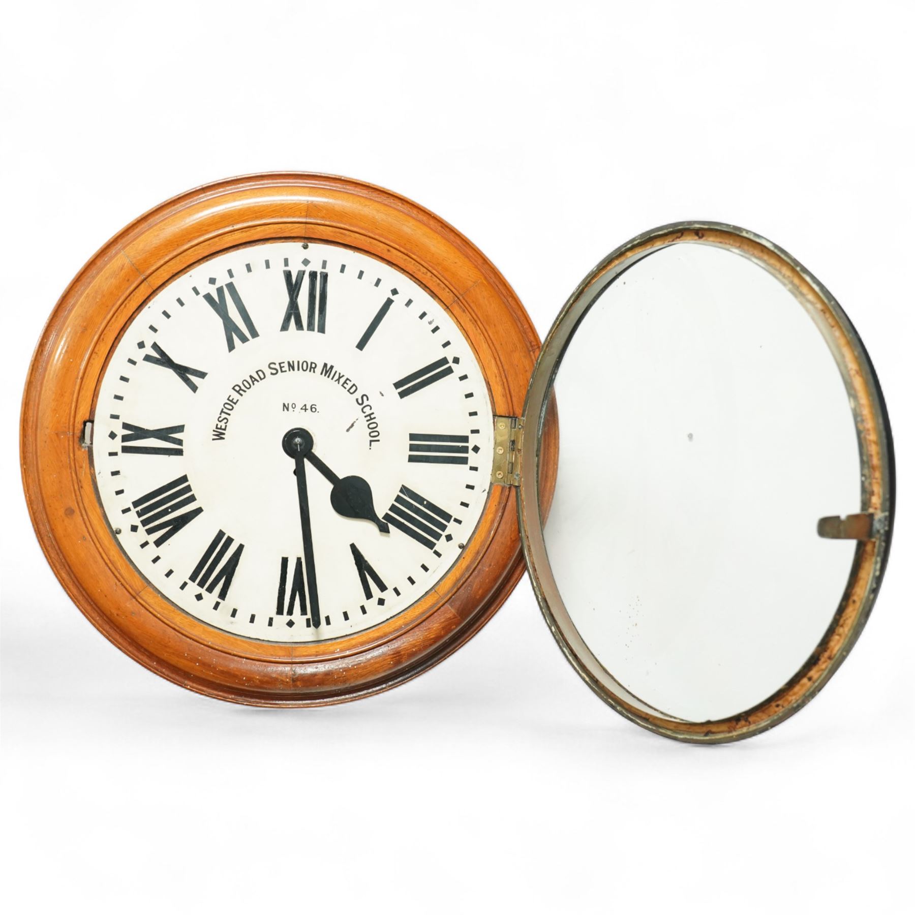 English-Large early 20th century 8-day fusee wall clock, 17 inch painted dial inscribed 