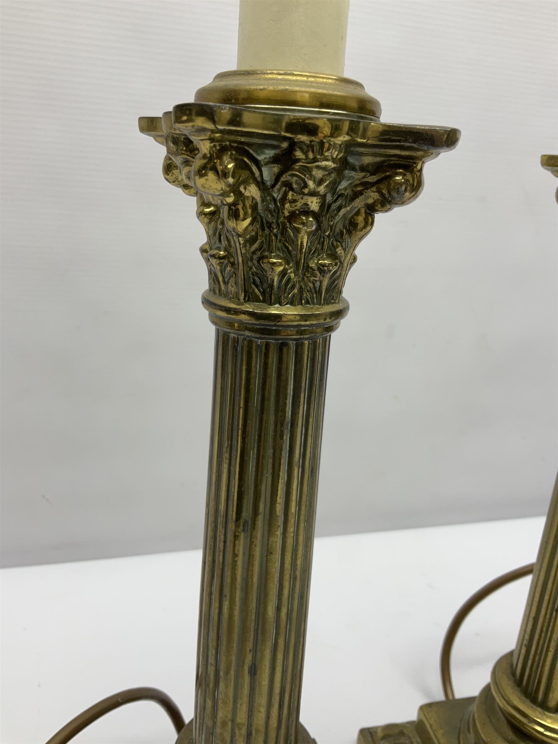 Pair of brass table lamps in the form of fluted Corinthian columns, H46cm