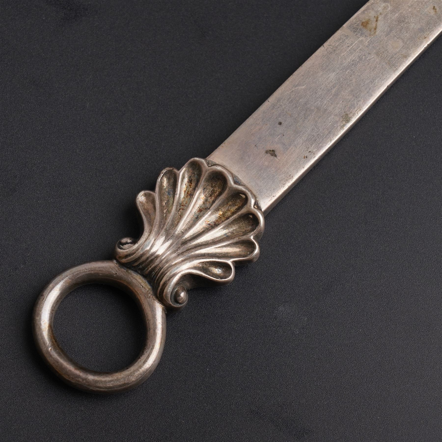 George III silver meat skewer with shell moulded ring L40cm London 1779 Maker Allen Dominy 
