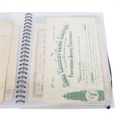 Collection of Hull related ephemera, including share certificates, ledgers, receipts, invoices, etc., many related to shipping