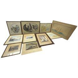 Three 19th century engravings of Whitby and Robin Hood's Bay, Edward Booty pencil drawing entitled 'The Altar's Sark', contemporary Whitby watercolour, and further pictures (qty)