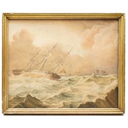 English School (19th century): Frigate on Stormy Seas, watercolour and ink unsigned 46cm x 56cm