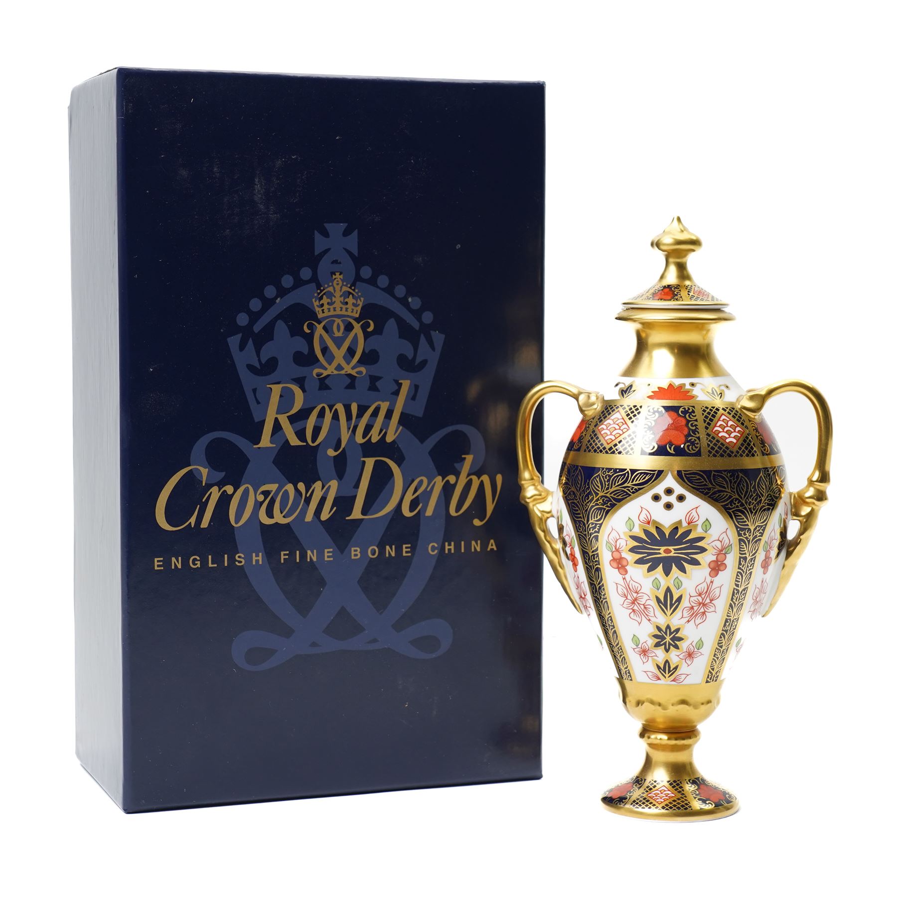 Royal Crown Derby Imari 1128 pattern, Tissington vase and cover, with printed mark beneath and original box, H21cm