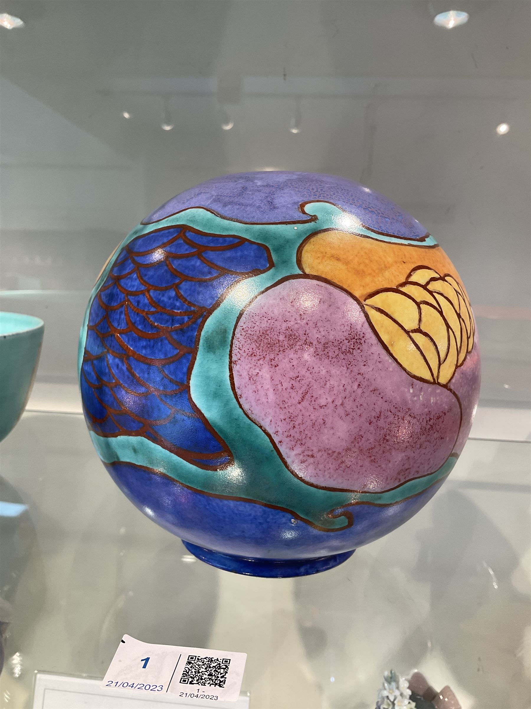 Clarice Cliff Bizarre for Newport Pottery Inspiration Tresco pattern vase, the body of shape 370 globe form painted in yellow, orange, pink, purple, green and blue with stylised island and sea related motifs such as scales and seaweed, with painted and impressed marks beneath, H15cm