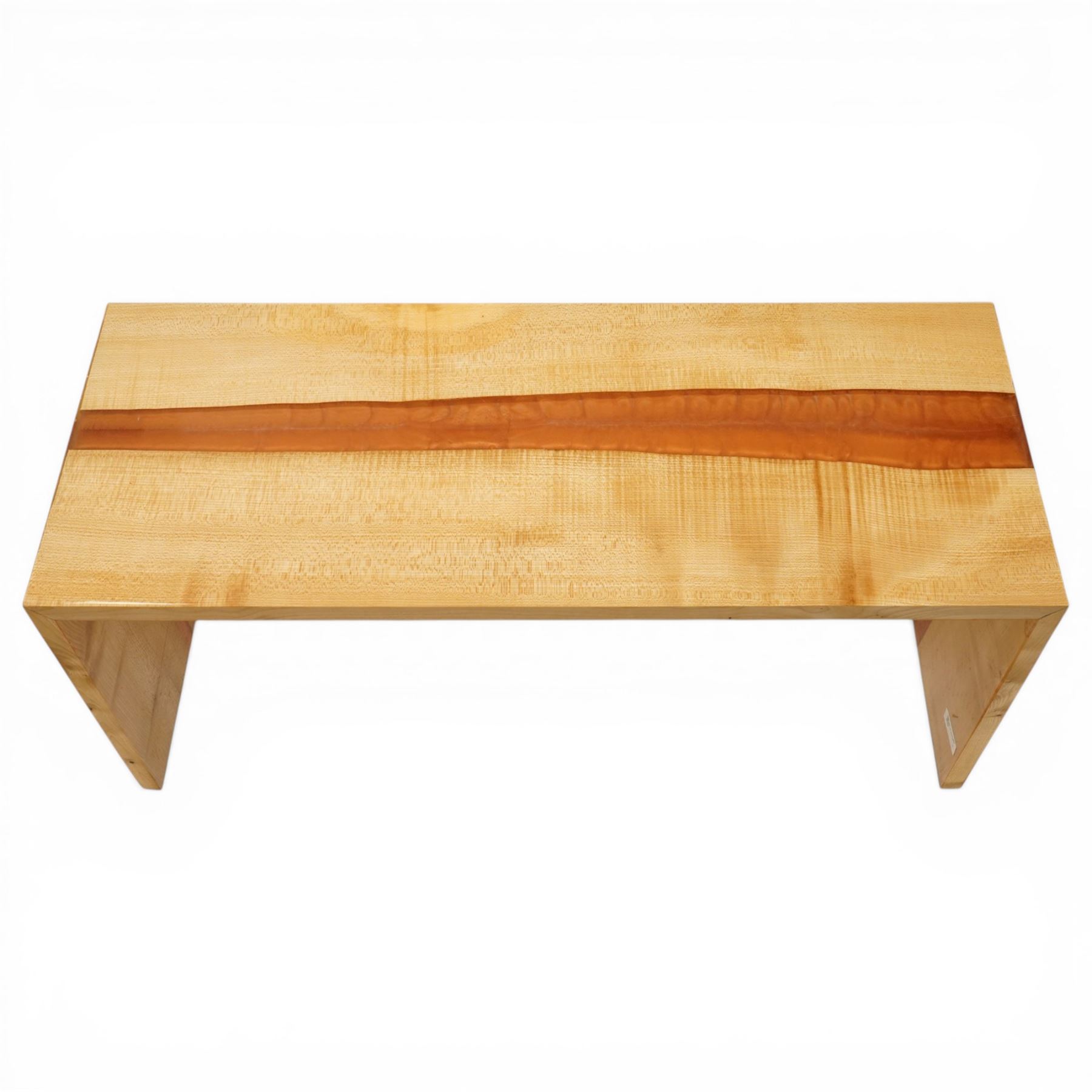 Chris Redfearn of Halifax - sycamore coffee table, the rectangular top with resin flare, raised on rectangular twin end supports