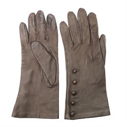 Harrods, Jaeger and others - five pairs of ladies’ leather gloves, comprising red Harrods studded gloves, brown Jaeger buttoned gloves and three further Italian pairs