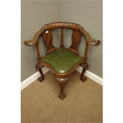  20th century mahogany corner armchair, top rail carved with scrolled gadroon, sea serpent arms, solid shaped splats, drop in seat, acanthus carved cabriole legs with ball and claw feet, W89cm  