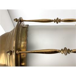 Large brass ceiling hallway lantern, cylinder form with domed top supported by a series of turned spindles on circular moulded base, opaque glass inner, three branch light, H60cm (excluding hook fixture), D40cm