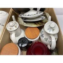 Royal Doulton Burgundy pattern ceramics, including teapot, coffee pot and meat platter, other vintage glassware and ceramics and retro fabrics, in two boxes