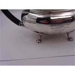 1920s silver teapot, of oval faceted form, with Bakelite type handle and finial, with presentation engraving to body, and upon four paw feet, hallmarked Northern Goldsmiths Co, Birmingham 1929, H16cm