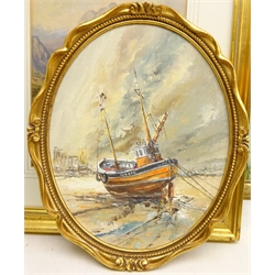  Moored Fishing Boat, 20th century oval oil on canvas board signed by Wyn Appleford, Seascapes, two gouache's indistinctly signed, Mallards in Flights, oil on board and two other Rural Landscapes, watercolours max 35cm x 65cm (6)  
