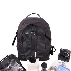 Canon G7 Powershot camera, Samsung Digimax i5 camera and a collection of camera equipment, including Lowepro bag, filters, etc