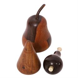 Group of treen, comprising, Mauchline ware coin box, box modelled as pear, egg cup, butter stamp, bell push, sewing implement, weaving tool, and box modelled as book