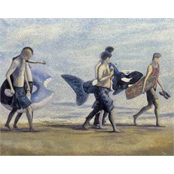 Peter J Bailey (British 1951-): 'The Wild Swimmers' - South Bay Scarborough, oil on canvas signed, titled verso 81cm x 102cm
