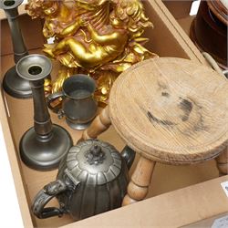 Victorian spittoon with tapestry upholstered top and treacle glazed liner, Davy Automatic Safety fire escape, pewter candlesticks, stool, classical design gilded stand