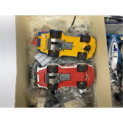 Scalextric - John Player Special racing car; boxed; two C125 Porsche cars; C135 Tyrrell 008 racing car; Honda racing car; all unboxed; quantity of unused and used spare parts including motors, wheels and other accessories etc