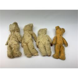 Four English teddy bears 1930s-50s including Pixie Toys bear with swivel jointed head, glass type eyes and brown vertically stitched nose and mouth and jointed limbs H14
