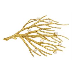 9ct gold abstract branch design brooch, set with pearls, London import marks 1967