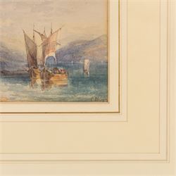 Sir Charles D'Oyly (British 1781-1845): Sailboats on a Misty River Valley, watercolour signed 9cm x 15cm