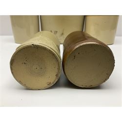 Large 2 gallon stoneware flagon, stamped 'John Soulby Wine Merchant Malton 2 Gall', together with a collection of similar stoneware jars and bottles, largest H40.5cm