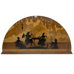 Early to mid 20th century walnut marquetry panel, arched form depicting silhouette tea party in mountainous landscape 