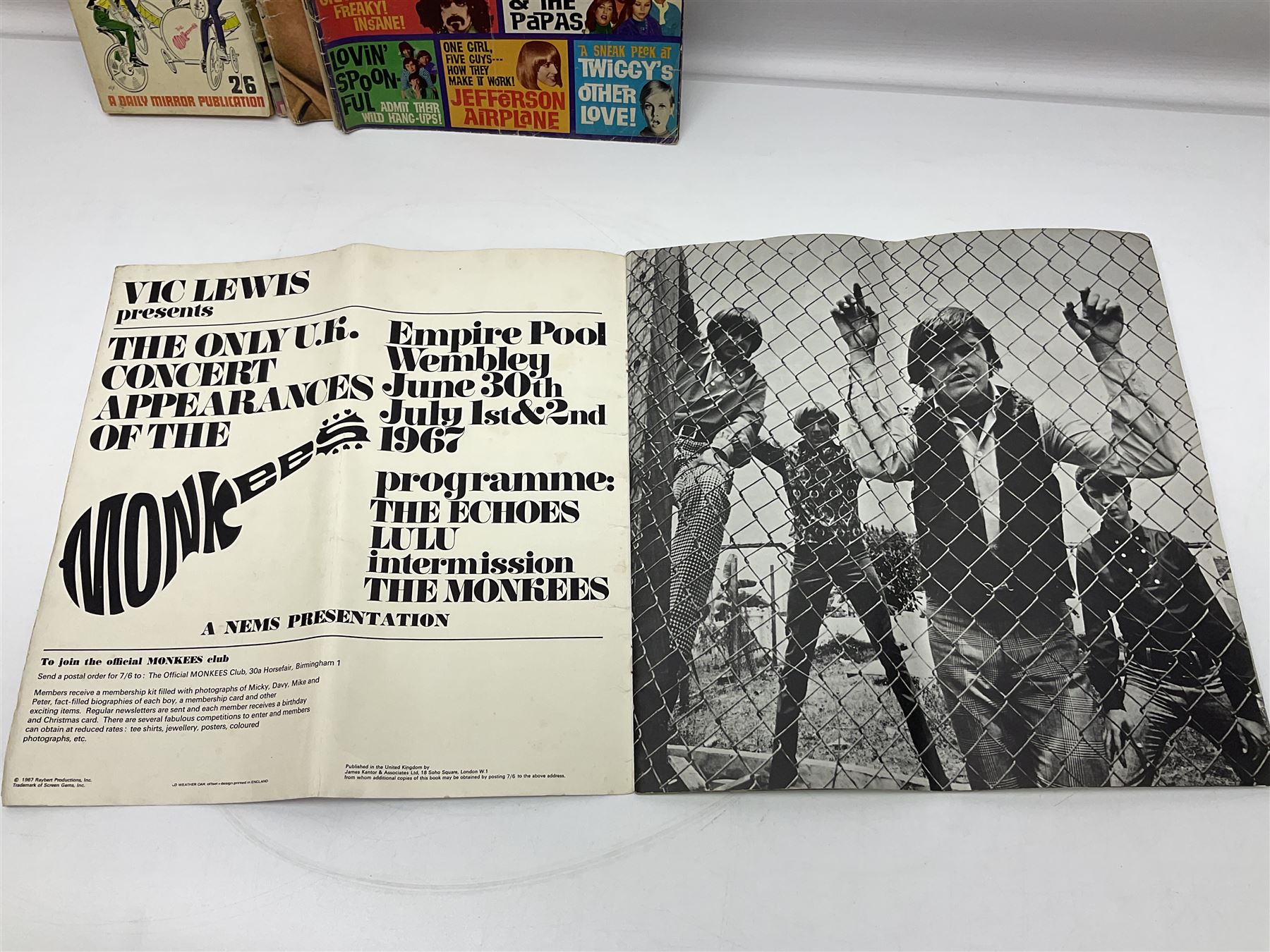 Monkees memorabilia - 'Monkees Monthly' magazine almost complete run from No.1 Feb 67 to No.31 Aug 69 (lacking nos.29 and 32); the cover of No.1 signed by all four members of the group during their 1997 Reunion Tour; quantity of A&BC bubble gum cards; programme for their only UK live performance in 1967 at Empire Pool Wembley; and other related late 1960s music magazines/paperback book