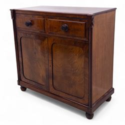 Regency mahogany secretaire cabinet, rectangular top over fitted secretaire drawer enclosing a tooled leather writing surface and pigeonholes, above a pair of panelled cupboard doors, raised on bracket feet