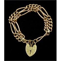 9ct gold double Figaro link bracelet, each link stamped, with later heart locket clasp