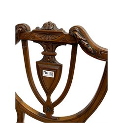 Pair of Regency rosewood framed side chairs, carved back rails over cane seat, raised on reeded supports (W46cm D50cm H84cm); set of three Edwardian walnut cane seat bedroom chairs, carved shield back (W41cm H88cm)