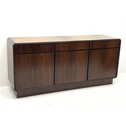 Late 20th century hardwood veneer sideboard, rounded rectangular front fitted with three drawers and three cupboards, W181cm, H83cm, D50cm