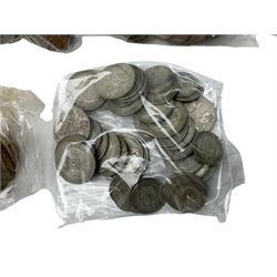 Coins and banknotes including bunhead pennies, approximately 430 grams of Great British pre 1947 silver coins, Queen Victoria 1892 halfcrown, Gothic florin coin, pre-decimal coinage, various Bank of England one pound notes, French banknotes etc