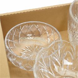 A Marquis by Waterford cut glass pedestal fruit bowl, decorated in the Canterbury pattern, together with two other crystal bowls, unmarked, largest H16.5cm (3)