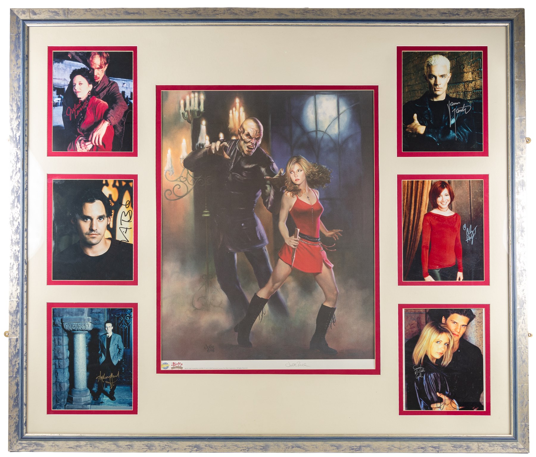 Signed Buffy the Vampire Slayer montage, comprising limited edition print signed by artist Julie Bell to the centre bordered by signed cast photographs to include Sarah Michelle Gellar, Anthony Head, Alyson Hannigan, David Boreanaz, James Marsters and Juliet Landau, in large presentation frame, frame H109cm, W126cm