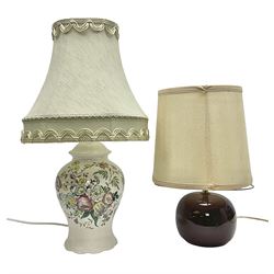 Copeland Spode table lamp with floral decoration, together with another table lamp, largest with shade H57cm