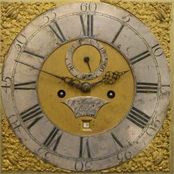 William Hayler of Chatham (Kent) - Fine George III black japanned chinoiserie decorated longcase clock c1760,  hood with a break arch top, glazed side panels and three matching wooden finials, conforming hood door beneath with attached pilasters, long trunk with a  break arch door and moulded surround, on a square double stepped plinth with a flat base, case and hood profusely decorated with scenes of gilt pagodas, temples, birds, people and panels of floral decoration, brass dial with cast brass spandrels and a silvered boss to the arch, silvered chapter with Roman numerals, minute track and five minute Arabic's, matted dial centre with seconds dial, date aperture, matching steel hands and silvered cartouche with makers name, dial pinned directly to a five-pillar rack striking movement with a recoil anchor escapement. With  pendulum, weights  and key.
William Hayler is recorded as working in High Street, Chatham, from 1750-1810, possibly two makers (father & son) working in succession.

