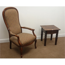  Victorian style stained beech framed open armchair and Marks & Spencers single drawer lamp table (50cm x 50cm, H55cm)  