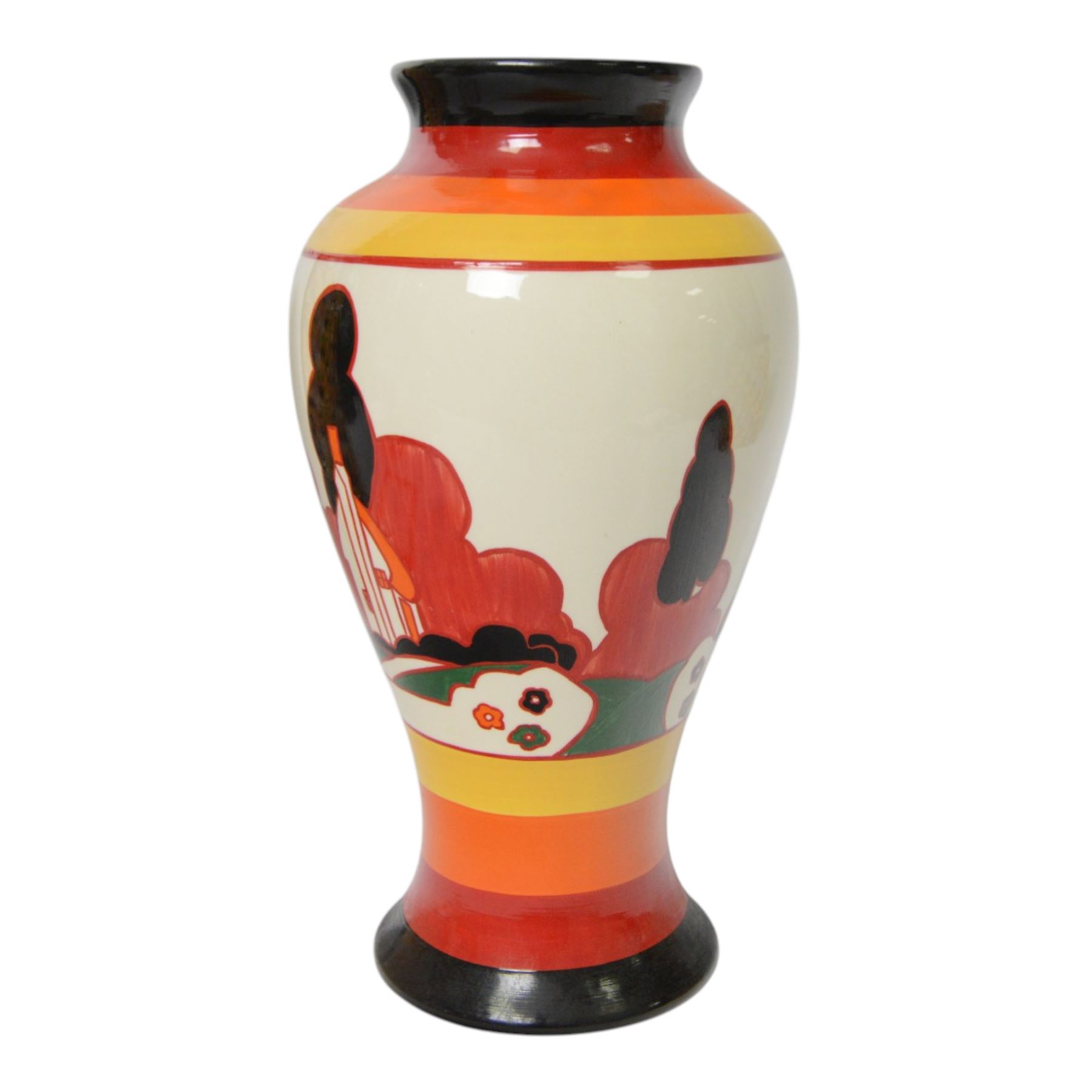 Wedgwood Bizarre by Clarice Cliff, Mei Ping vase, Farmhouse, hand painted based upon an original, limited edition 54/250, with certificate and box, H31cm 