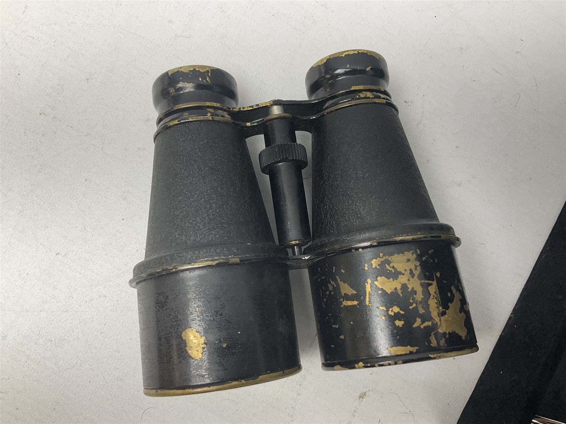 Horn handled magnifying glass and letter opener cased set, replica Scrimshaw in the form of a tusk titled The Ship Charles W Morgan New Bedford and pair of binoculars