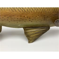 20th century advertising hanging sign, the tin plate sign painted as a rainbow trout, L66cm, H26cm
