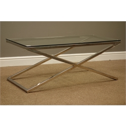  Chrome x-shaped coffee table with glass top, 112cm x 52cm, H45cm  