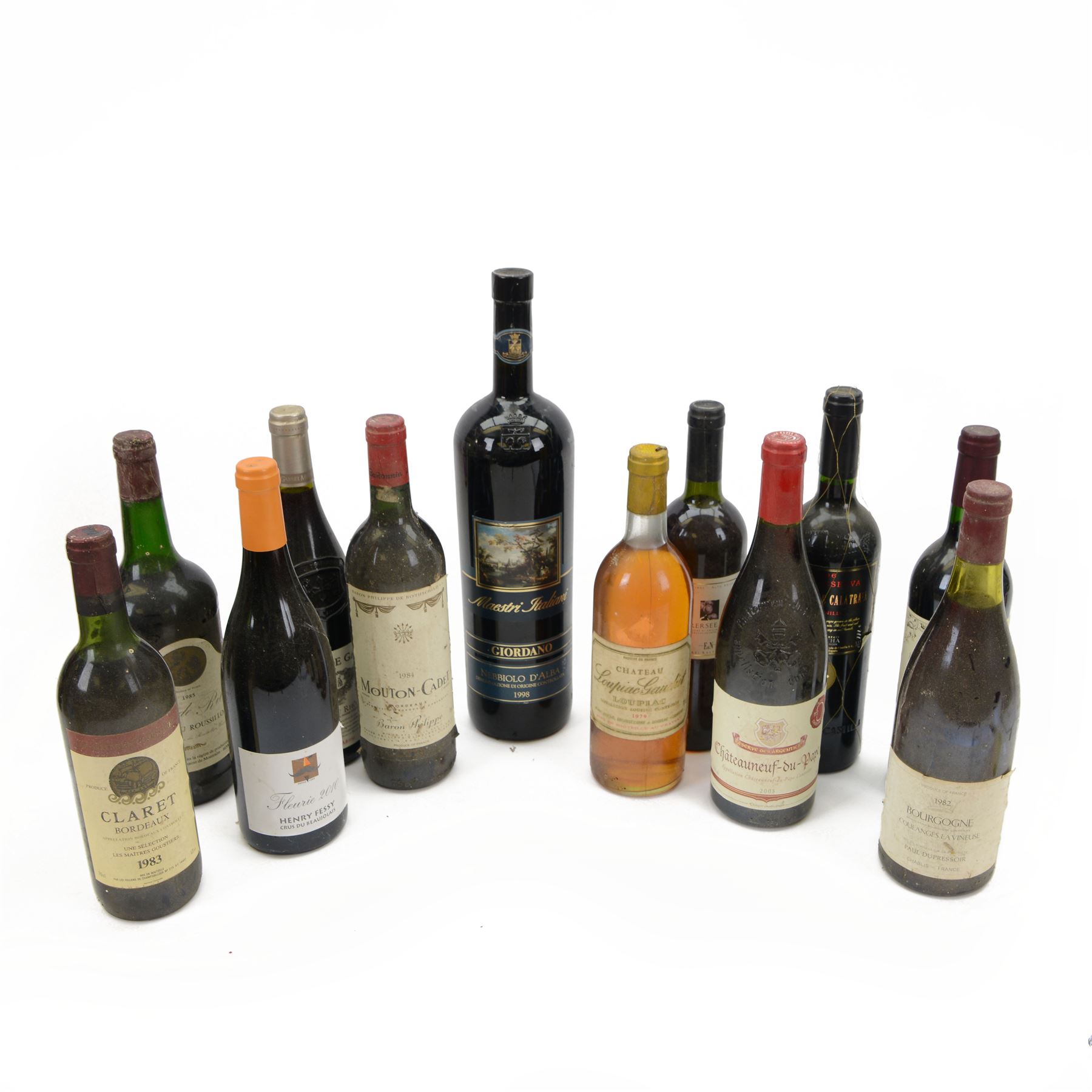 Mixed red wine; including  Baron Philippe de Rothschild 1984 Mouton-cadet, Henry Fessy, 2010 Crus De Beaujolais, Reserve des Tuguets, 2010 Madiran, etc various contents and proof (12)