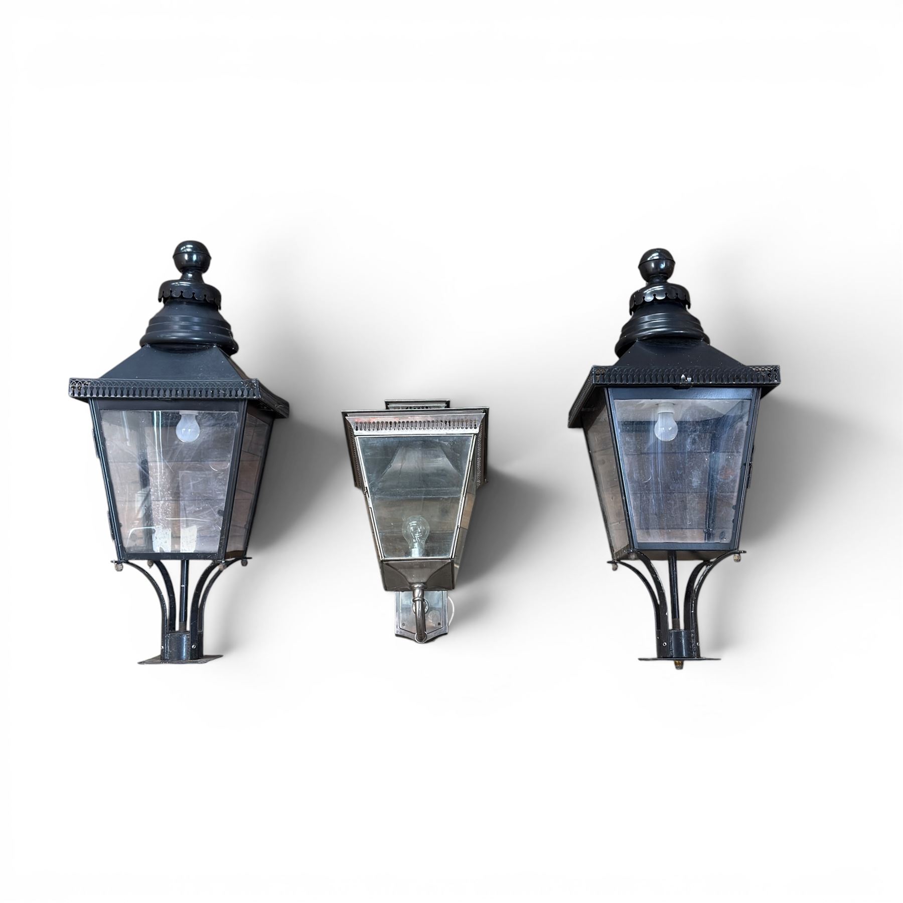 Pair of Victorian design black painted 'street' lamps, and a satin chrome light fitting