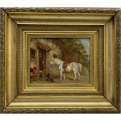 Martin Theodore Ward (British 1799-1874): Pony Tethered at 'The Wayside Inn', oil on board unsigned, titled on exhibition label verso 15cm x 19cm 
Provenance: exh. 'York Fine Art Exhibition' May 1879 at the Yorkshire Museum Gallery Ex. No.1238, lent by J M Mountain Esq., Art Dealer in Goodramgate, York who supplied eight pictures for the exhibition