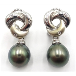  Tahitian black pearl necklace on 18ct white gold clasp hallmarked and a pair of  18ct white gold Tahitian pearl and diamond clip on ear-rings retailed by Gold Arts with original receipt  