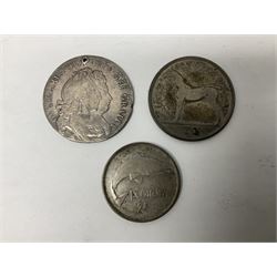William and Mary 1693 halfcrown coin (holed), various Great British pre-1920 and pre-1947 silver threepence pieces, Ireland 1928 halfcrown and 1934 florin, Queen Elizabeth II 1994 fifty pence coins etc