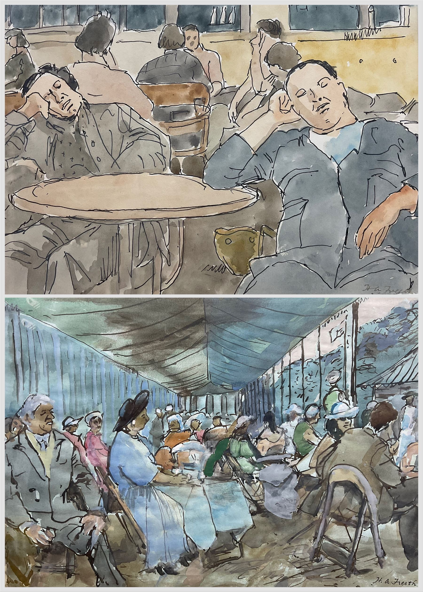 Hubert Andrew Freeth RA (British 1912-1986): 'Refreshment Tents - Henley Regatta' and Two Workers Asleep, two ink and watercolours signed, one titled on John Lindsey Fine Art label verso, exhib. 1982, max 30cm x 41cm (2)
