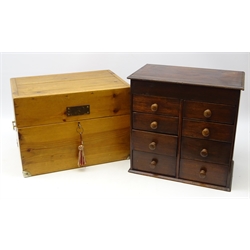  Pine chest, brass handles and mounts with key and lift out tray, L45cm x H33cm and stained pine eight drawer collectors chest   