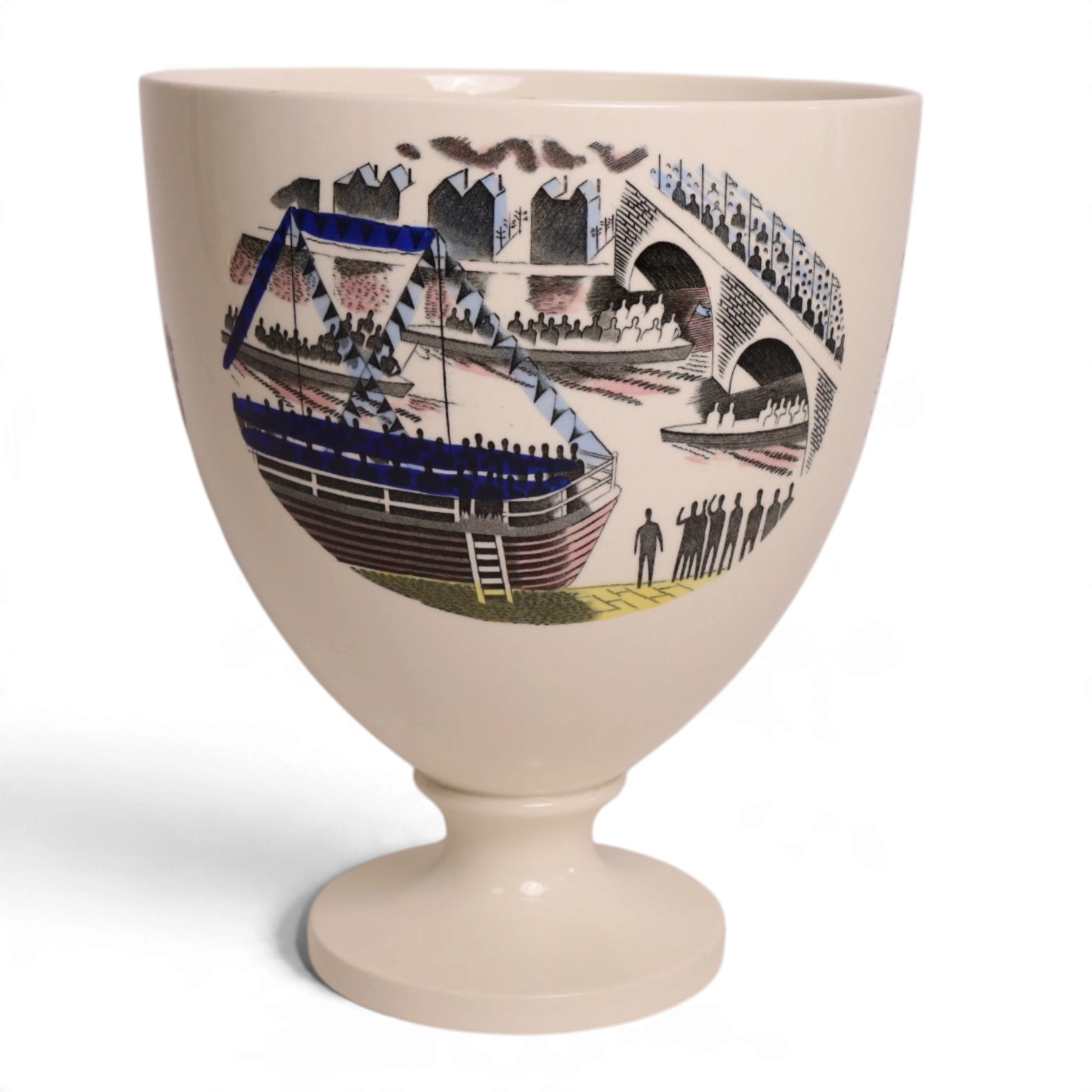 Eric Ravilious (British 1903-1942) for Wedgwood, a 'Ravilious' Boat Race pedestal vase, designed c1938, Queen's ware jug with transfer printing and hand painting, impressed and printed marks to base, H25.5cm 